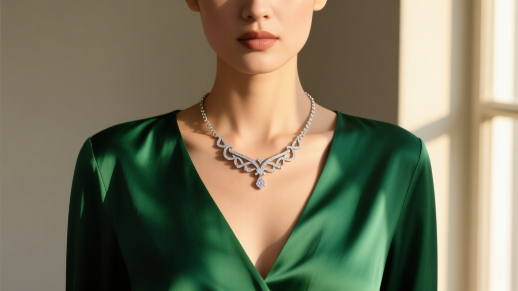 Woman wearing an 18-inch Evenstar necklace with a V-neck emerald blouse, showing the perfect collarbone drape in warm light.