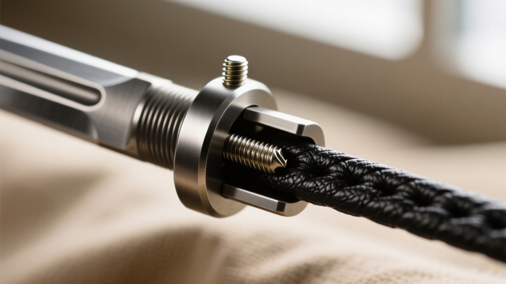 Macro shot of a brushed steel bayonet screw clasp on a 3mm black leather cord, highlighting the threading and secure connection
