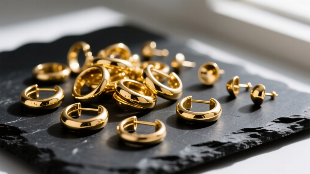 A scattered bulk pack of inexpensive gold-plated hoop and stud earrings on a dark slate surface, some showing slight tarnish