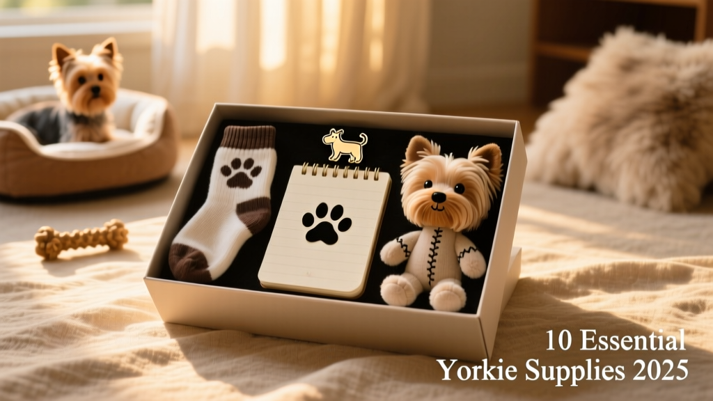 Elegant gift box containing Yorkie-themed socks, notepad, enamel pin, and mini plush toy