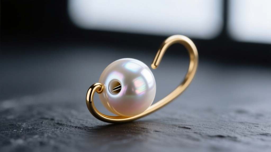 Macro of an 8mm Akoya pearl on a 20-gauge gold French wire hook, studio lit against dark slate, sharp focus on the drill hole.