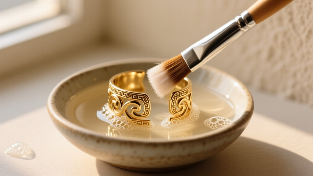 Soft brush gently cleaning the crevices of a gold vermeil Greek key ear cuff in a small ceramic bowl of warm soapy water.