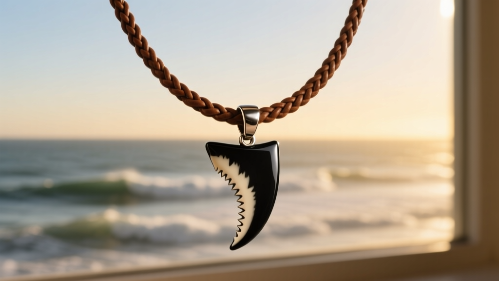 Mens shark tooth necklace suspended on a thick braided brown leather cord, photographed against a blurred coastal ocean background
