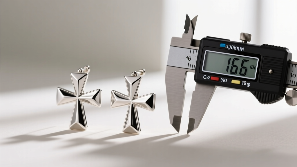 Scale showing silver large cross earrings weighing 18 grams, next to a digital caliper measuring the 16-gauge post thickness.