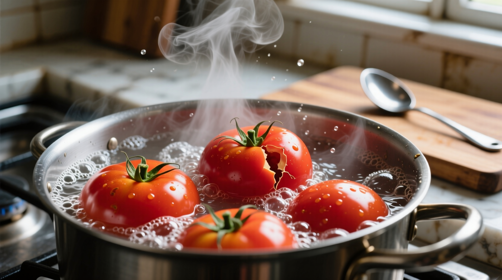 Fresh tomatoes being blanched in boiling water