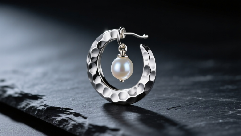 Macro shot of a hammered silver rai earring with pearl drop on dark slate, highlighting metal texture under moody studio lighting.