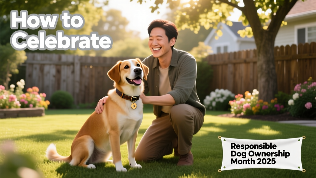 A joyful dog owner kneeling beside their well-groomed, smiling dog in a sunlit backyard