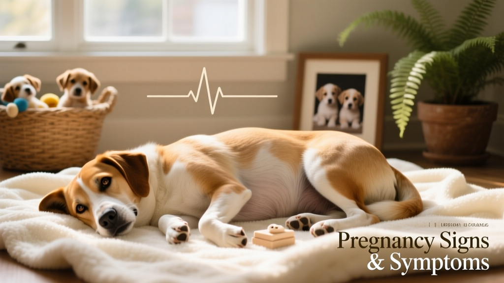 A calm, healthy pregnant dog resting comfortably on a soft blanket