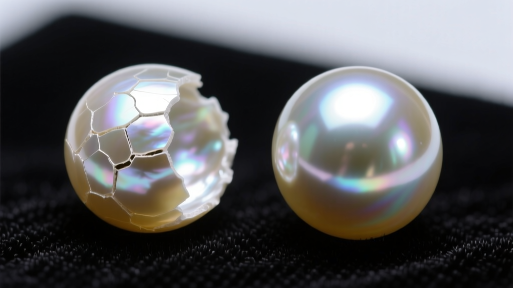 Macro comparison of a peeling glass faux pearl and a lustrous cultured freshwater pearl under bright gemological lighting