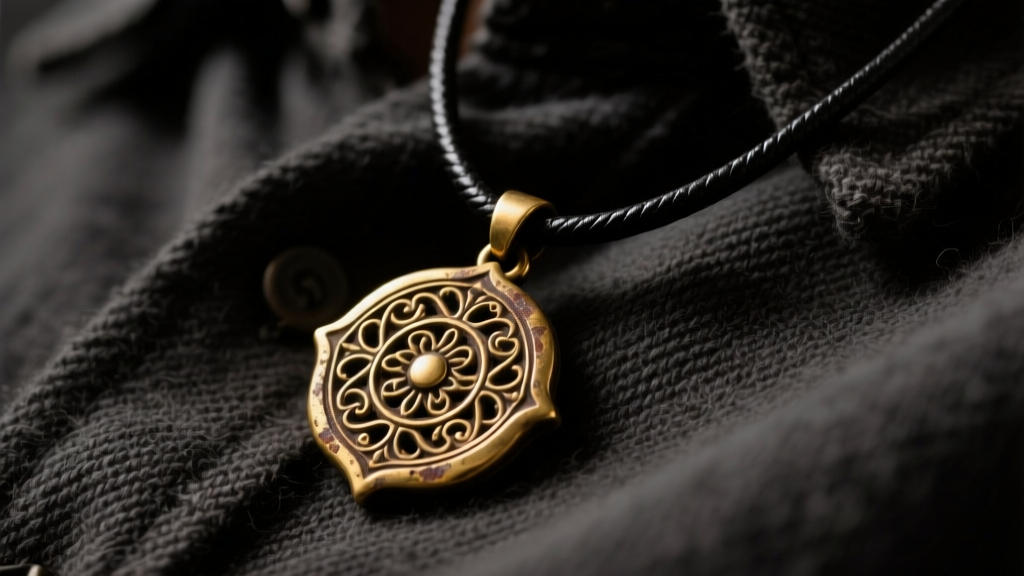 Close-up of a weathered brass amulet necklace on a black leather cord, resting on a dark flannel shirt, moody cinematic lighting.