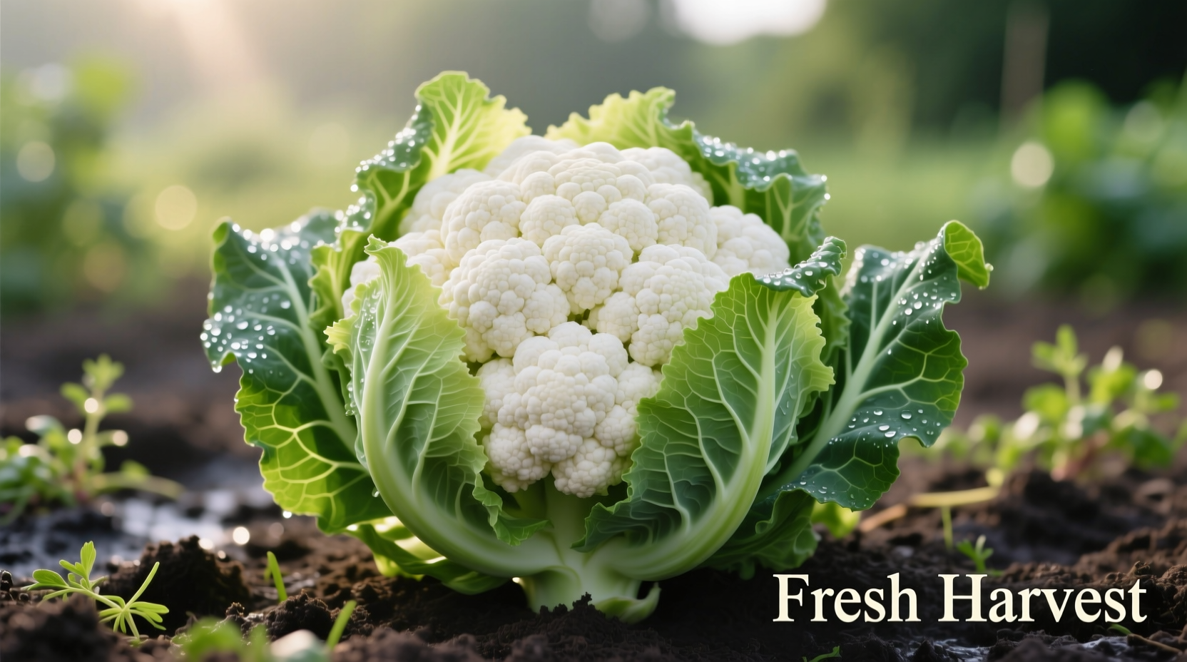 Fresh cauliflower head with green leaves