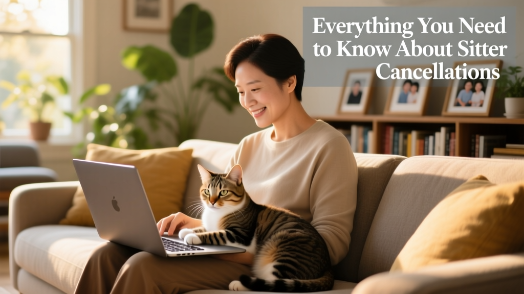 Pet parent reviewing updated sit listings on a laptop while holding a calm cat on their lap