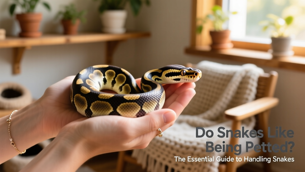 A calm ball python resting gently across a handler's hands, head raised slightly and body relaxed
