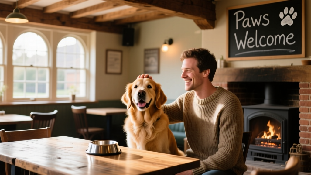 A happy dog sits beside its owner at a cozy, dog-friendly pub bar with a water bowl nearby