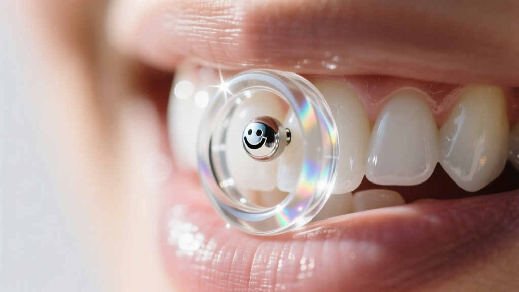 Macro photo of a clear glass captive bead ring in a smiley piercing, highlighting the smooth seamless surface reflecting soft light.