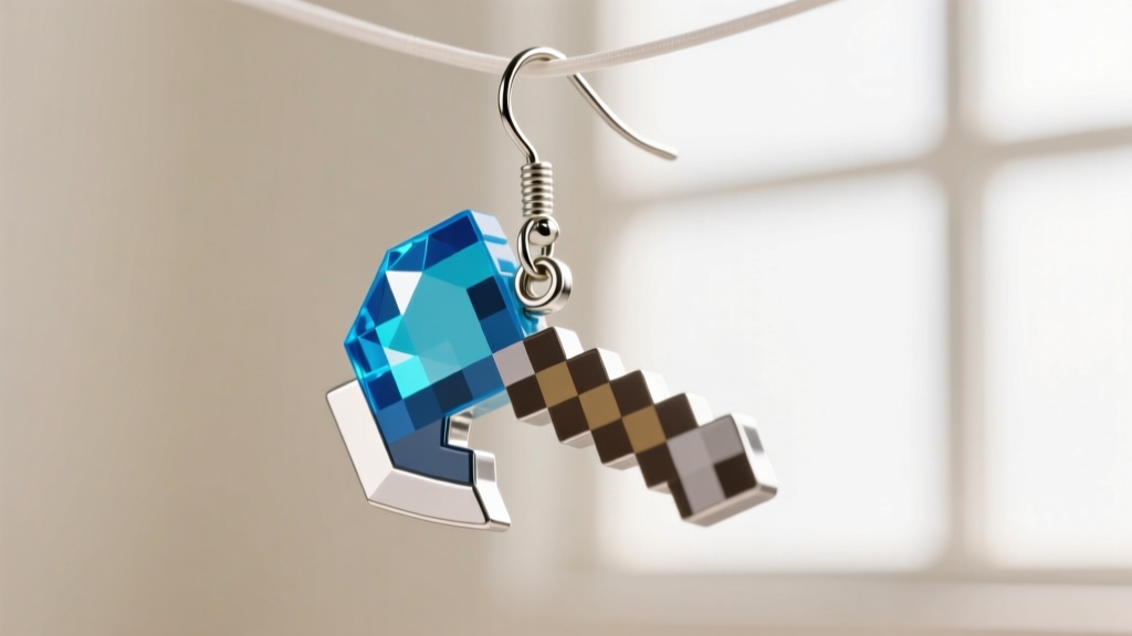 Macro shot of a resin Minecraft diamond pickaxe drop earring showing pixelated edges and a 20-gauge surgical steel fishhook wire.