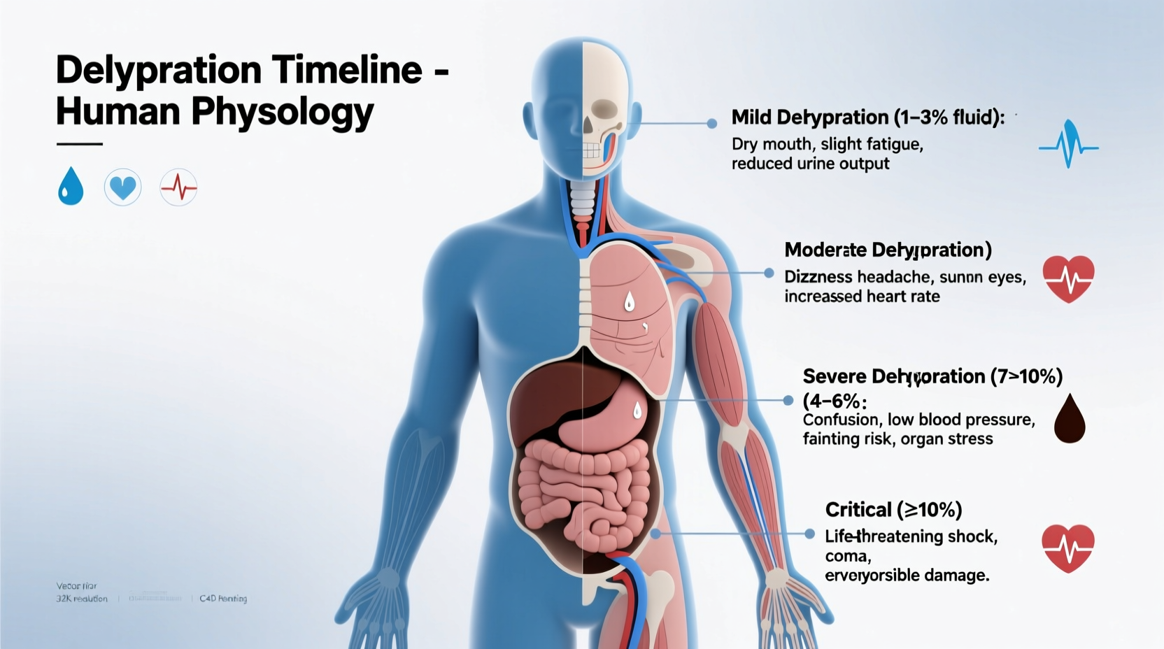 Human body dehydration timeline showing physiological changes