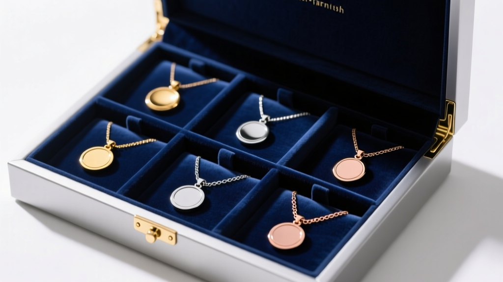 Open anti-tarnish jewelry box with individual velvet compartments storing various circular pendants and delicate link chains