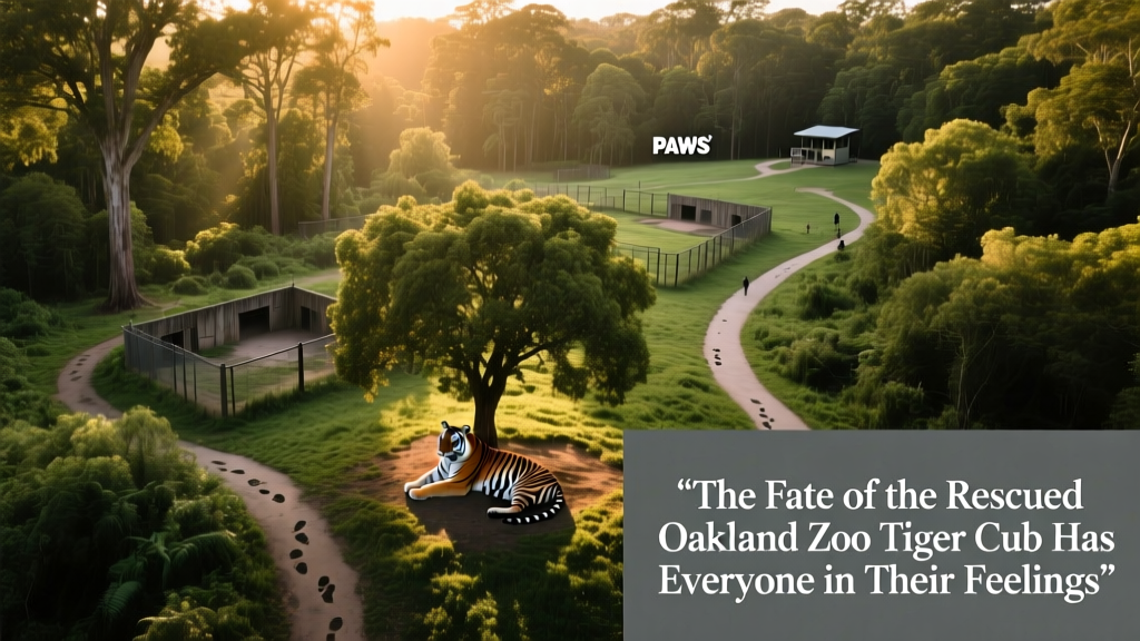Aerial view of PAWS’ forested sanctuary grounds with shaded tiger habitats, lush vegetation, and quiet walking paths
