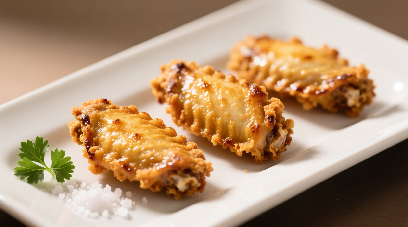 Perfectly golden air fried chicken wings on white plate