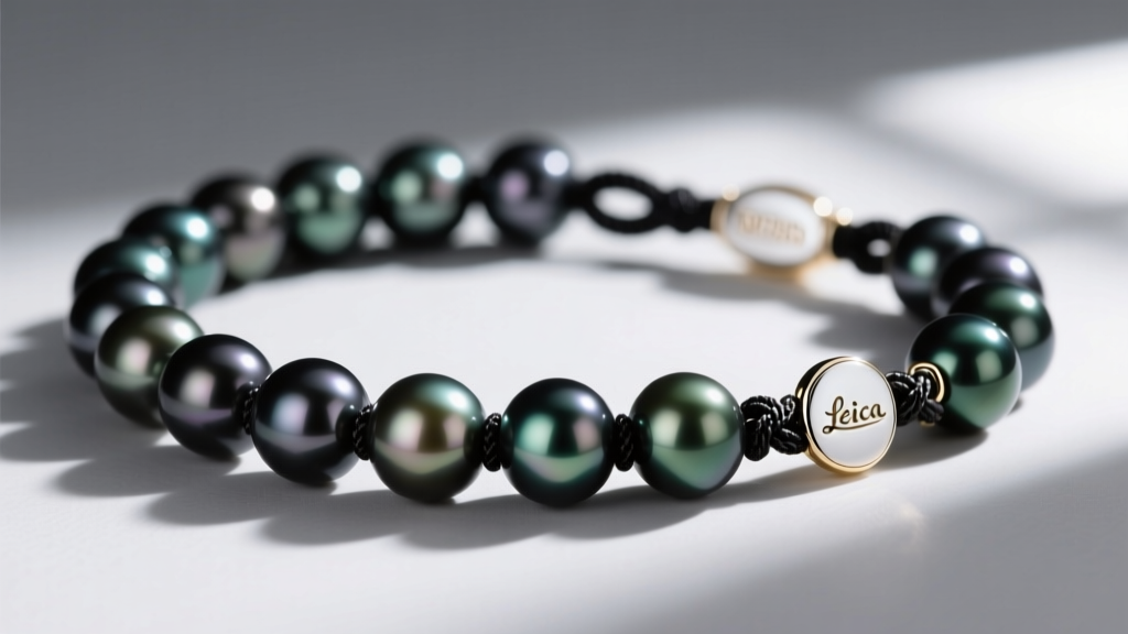 Close-up of a black pearl strand showing tight individual silk knots between 9mm Tahitian pearls and a 14k white gold clasp
