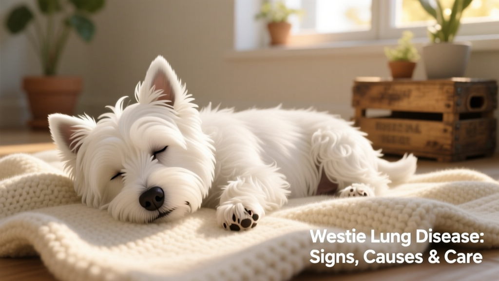 A calm West Highland White Terrier resting peacefully on a soft blanket, gently breathing