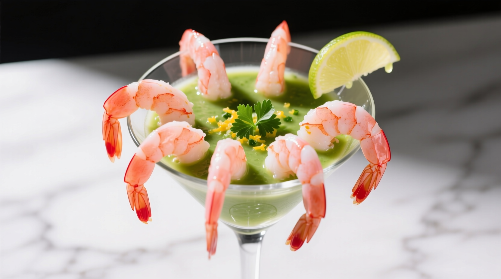 Perfectly cooked shrimp cocktail in martini glass