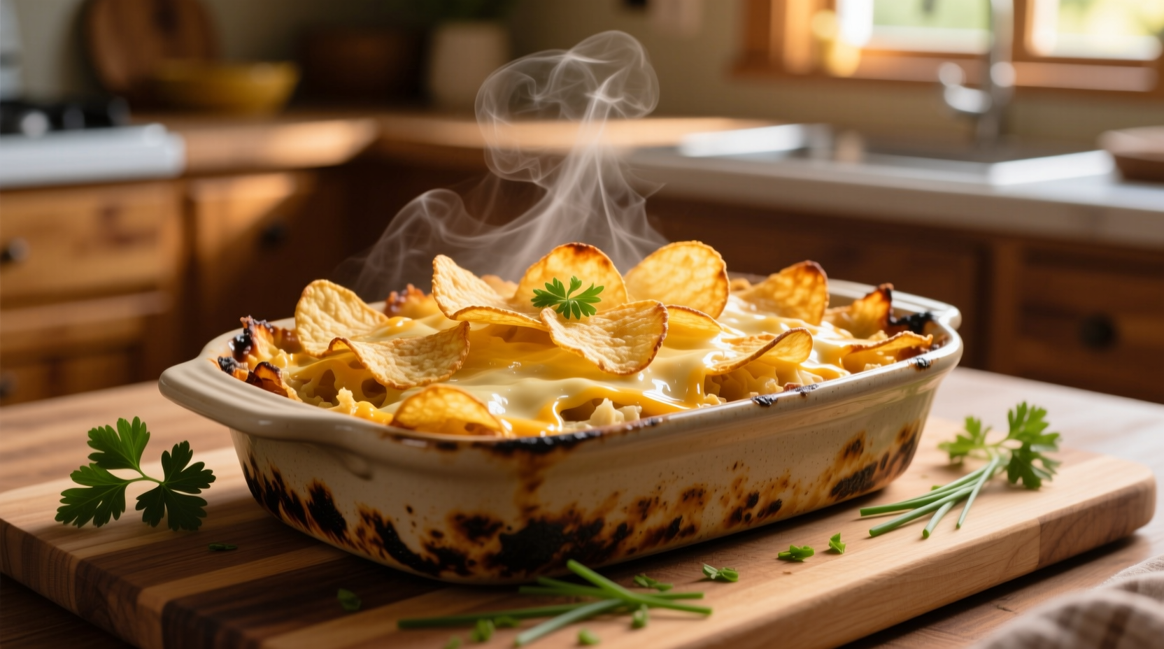 Golden potato chip casserole fresh from oven