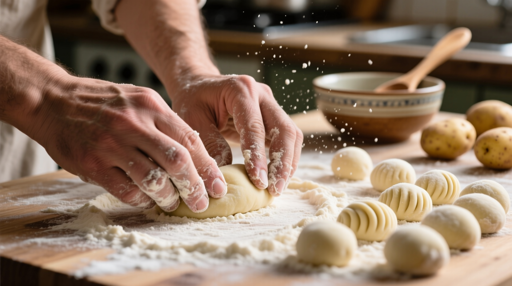 Hand shaping potato gnocchi on floured surface