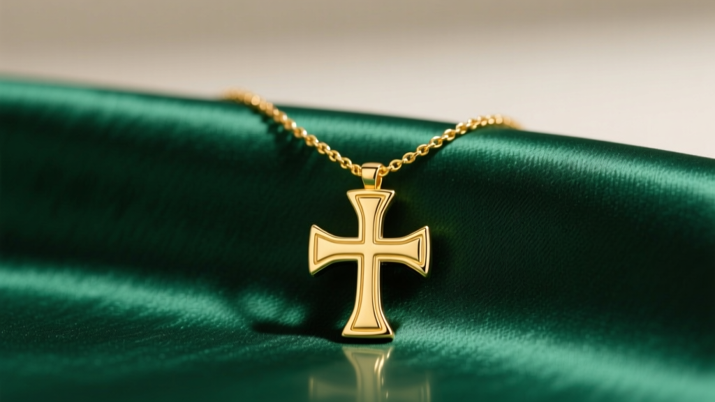 A 14k yellow gold Greek cross necklace on emerald silk, highlighting symmetrical equal arms and a polished finish