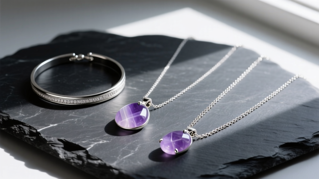 Flat lay of three distinct lavender quartz and sterling silver necklaces of varying lengths arranged on a dark slate textured stone