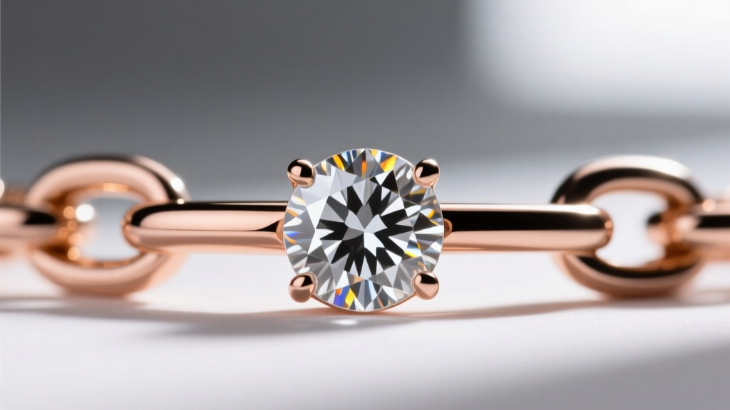 Macro shot of a farandole chain micro-hinge connecting a bezel-set round brilliant diamond to a polished 18k rose gold bar link