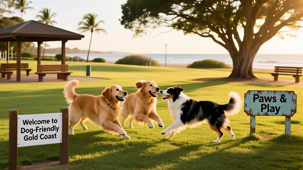 Dogs playing together in a spacious, fenced dog park with green grass and shaded seating areas