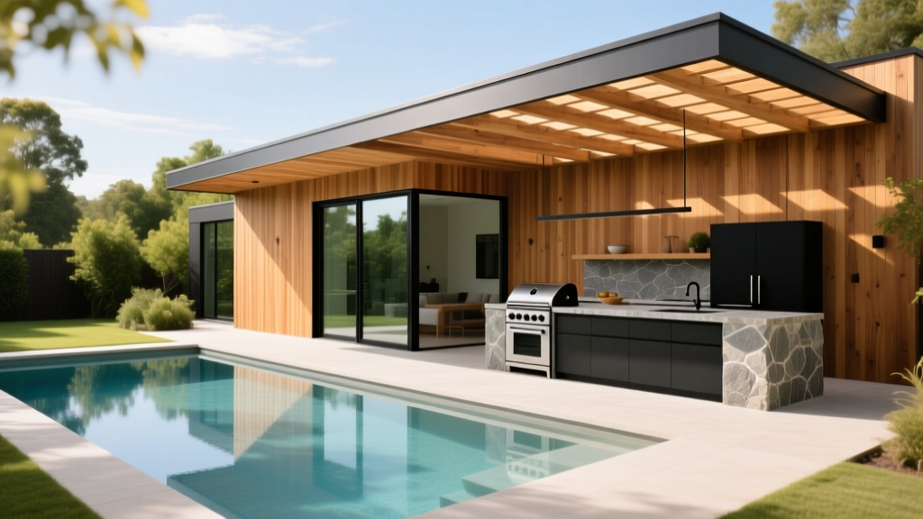 Modern cedar-clad pool house with sliding glass doors, a shaded pergola, and an outdoor kitchenette overlooking a rectangular swimming pool