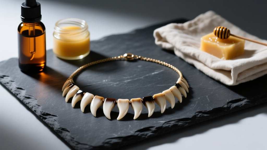 Polished hogs tooth necklace resting beside mineral oil, beeswax, and a cloth on dark slate under cool studio lighting