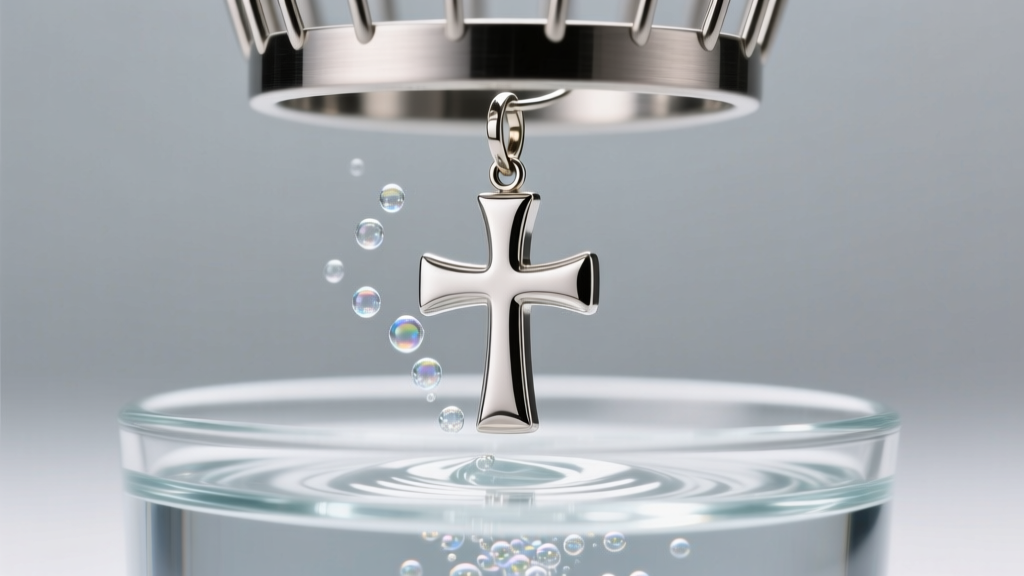 Ultrasonic cleaner vibrating a titanium cross dangle earring in a steel basket, bright clinical lighting with tiny visible bubbles.
