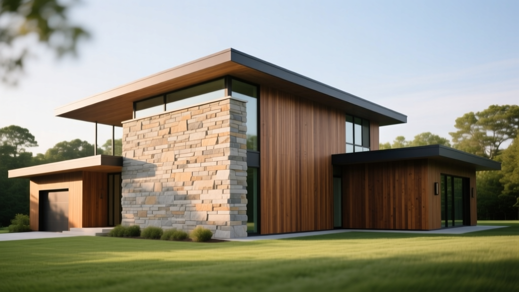 Exterior of a modern Long Island home featuring a stacked limestone veneer accent wall and cedar siding under bright daylight