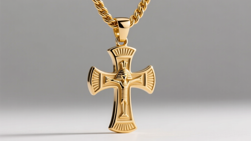 Detailed view of a 14k gold rope chain threading through a reinforced hidden bail on a large, die-struck Egyptian cross pendant.