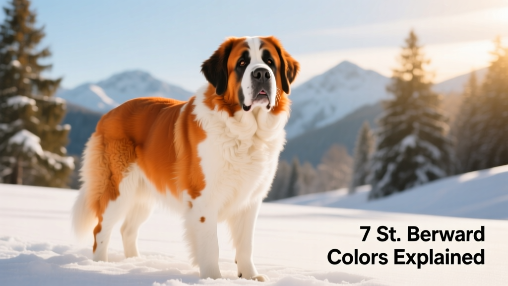 Saint Bernard dog standing on snow, showing vibrant orange-and-white coat