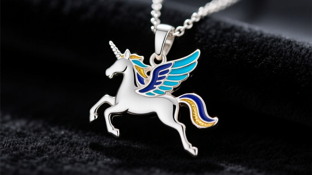 Macro shot of polished sterling silver MLP necklace pendant featuring pegasus motif filled with bright kiln-fired vitreous enamel