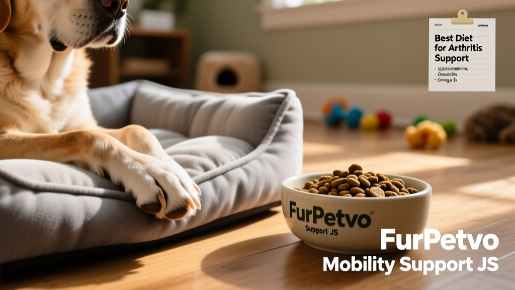 A close-up of a dog’s paw resting comfortably on a soft orthopedic bed, with a bowl of FurPetVo Mobility Support JS kibble nearby