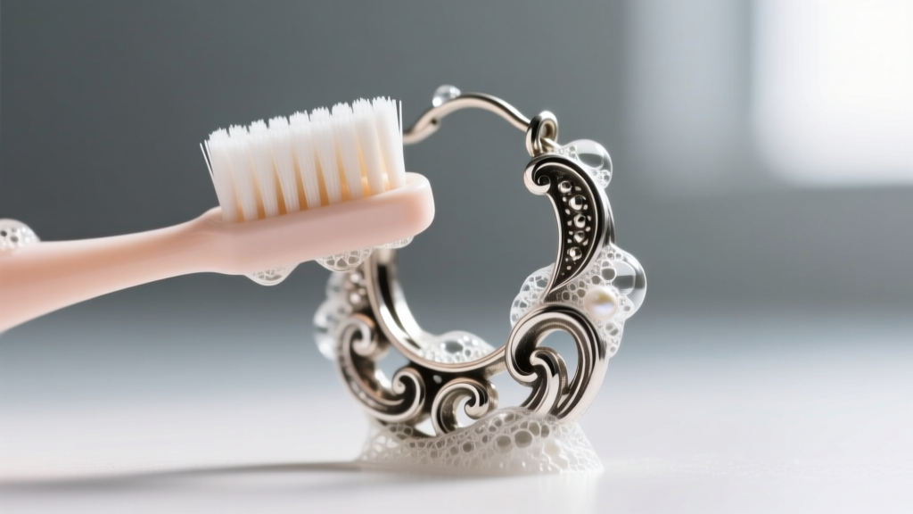 Soft baby toothbrush gently scrubbing deep crevices of a tarnished silver swirl earring with mild soap suds under bright light.