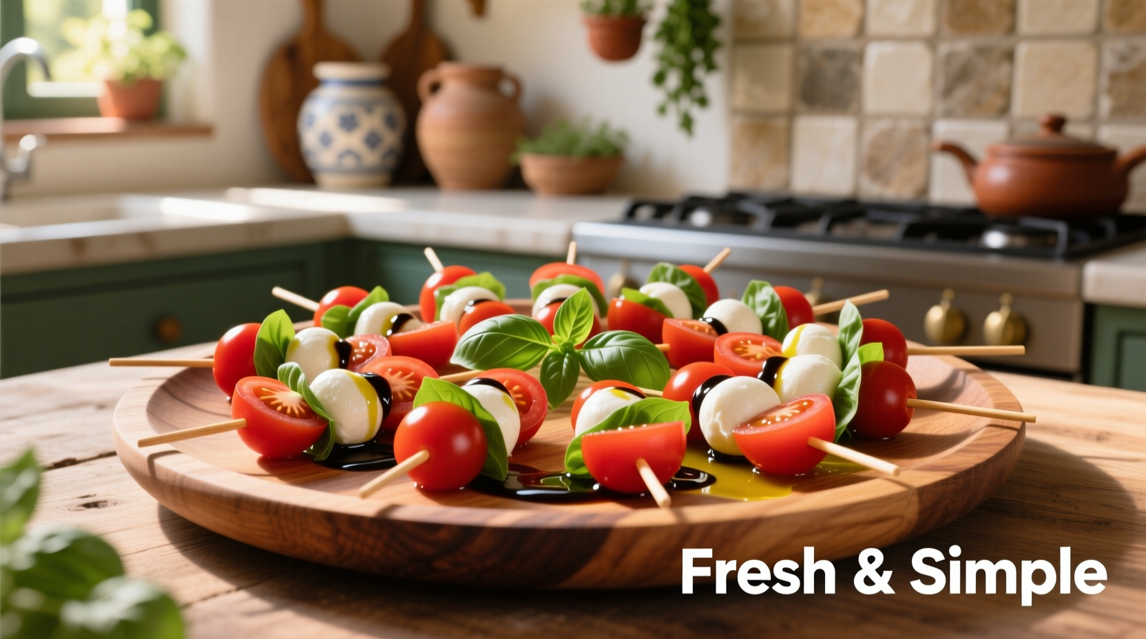 Colorful Caprese skewers on wooden platter