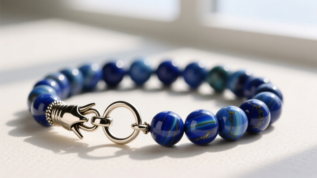 Close-up of a secure lobster clasp and soldered jump ring attached to a strand of 4mm lapis lazuli rosary beads necklace.