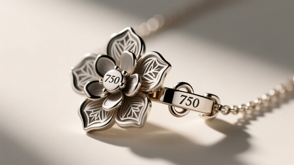 Macro photography of a designer flower necklace clasp showing a laser-engraved 750 hallmark and pristine lobster claw mechanism