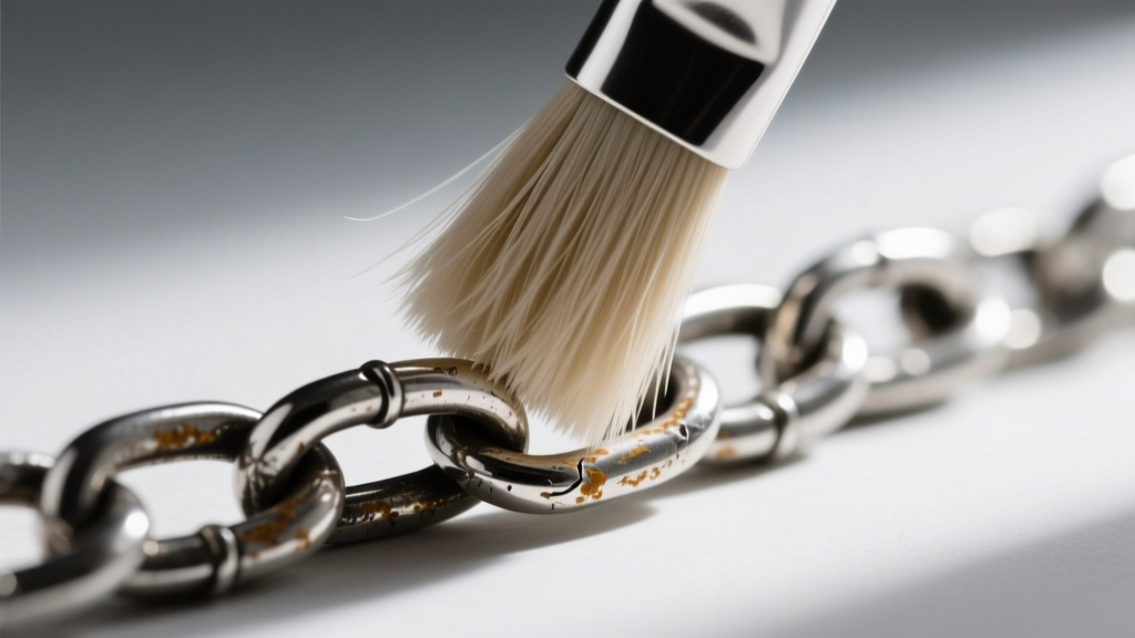 Close-up of a soft bristle brush gently scrubbing tarnish from the inner crevices of a heavy sterling silver rope chain link