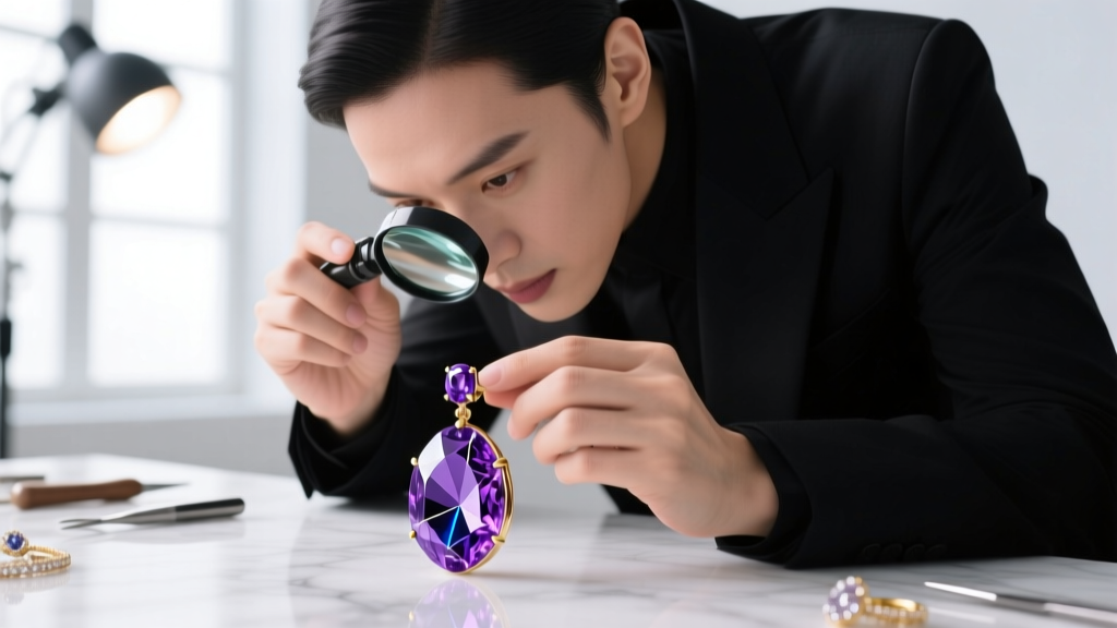 Jeweler using 10x loupe to inspect purple gemstone earring for dye concentrations in fractures under bright studio lighting.