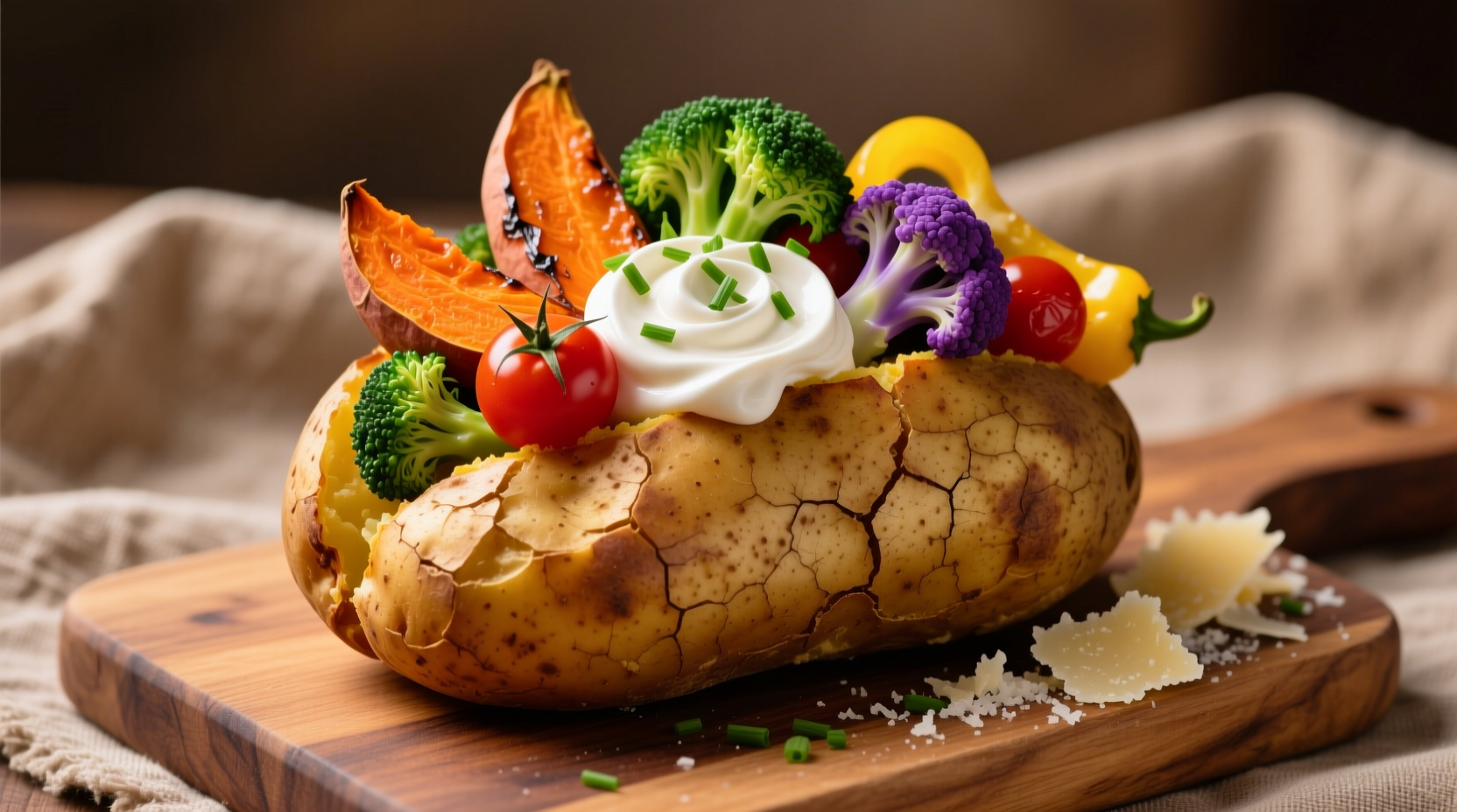 Baked potato with colorful vegetable toppings