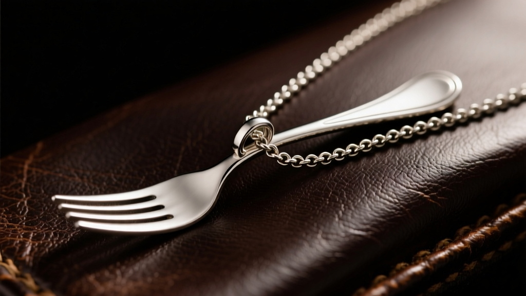 Bent sterling silver fork pendant on an oxidized Cuban chain resting on dark leather under moody, dramatic studio lighting.