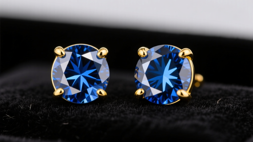 Macro shot of star sapphire cabochon studs in 18k yellow gold, displaying a sharp six-rayed asterism under direct lighting